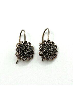 Sterling Silver 925 Marcasite Dangle Filigree Earrings Antiqued Finish